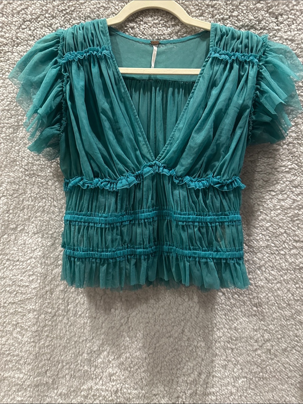 [FREE PEOPLE] Teal Ruffled V-Neck Women's Top
